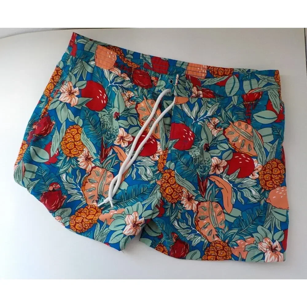 ACA JOE Blue Swim Shorts Trunks Men XL Tropical Floral Birds Print Pockets Lined